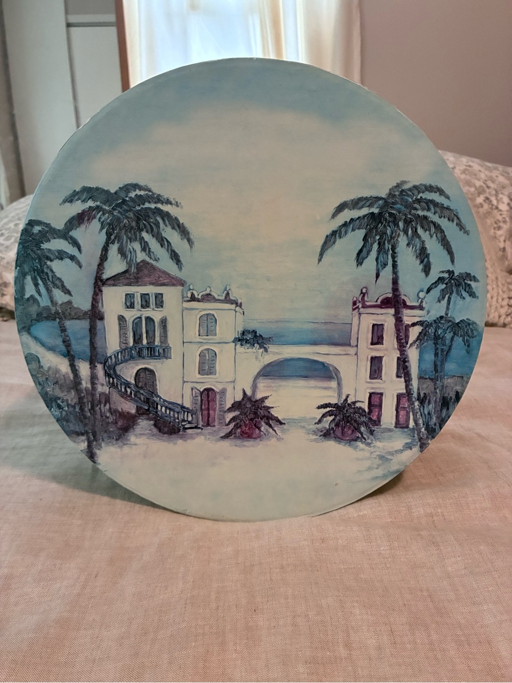 Coastal Villa Round Wall Art in Soft Blue and Cream